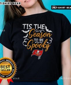 Official Tis The Season To Be Spooky Tampa Bay Buccaneers Ladies Tee featuring festive Halloween design and team logo.