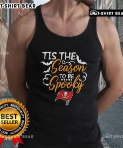 Alt Text: Official Tis The Season To Be Spooky Tampa Bay Buccaneers tank top featuring festive Halloween design and team logo.