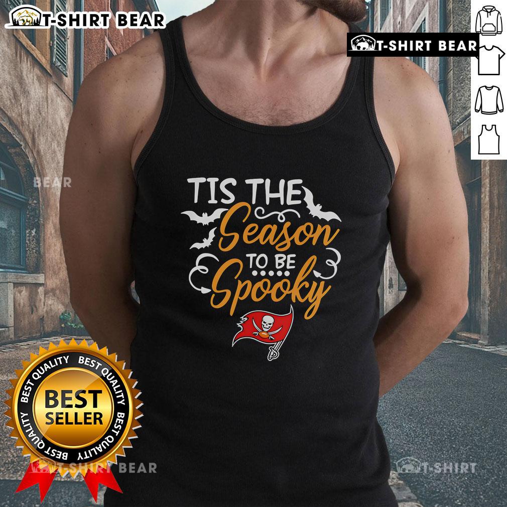 Official Tis The Season To Be Spooky Tampa Bay Buccaneers Tank Top Alt Text: Official Tis The Season To Be Spooky Tampa Bay Buccaneers tank top featuring festive Halloween design and team logo.