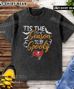Alt Text: Official Tis The Season To Be Spooky Tampa Bay Buccaneers washed t-shirt featuring Halloween-themed graphics.