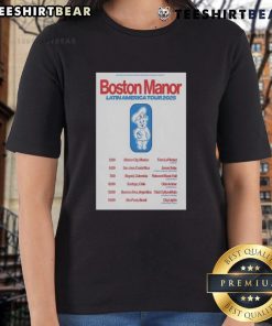 Alt Text: Boston Manor Official Tour Latin America 2025 poster featuring ladies tee design with vibrant graphics.