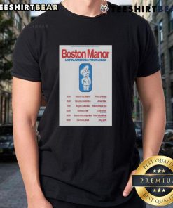Boston Manor Official Tour Latin America 2025 poster t-shirt featuring vibrant design and tour details.