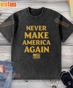 Official Trump Never Make America Again flag design on a stylish washed T-shirt, perfect for patriotic fashion.