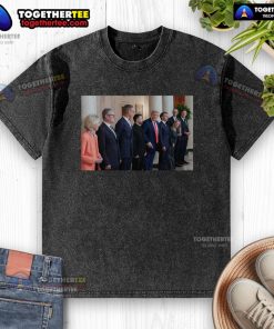 Official meeting of Trump, Zelenskyy, and European leaders featured on a washed T-shirt, capturing a historic moment.