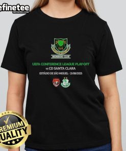 2025 UEFA Conference League Playoff: Shamrock Rovers FC vs CD Santa Clara Ladies Tee showcasing team logos and colors.