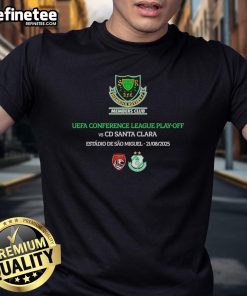 Official UEFA Conference League Playoff T-Shirt featuring Shamrock Rovers FC vs CD Santa Clara 2025 design.