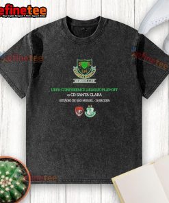 Alt Text: Official UEFA Conference League Playoff T-Shirt featuring Shamrock Rovers FC vs CD Santa Clara 2025 design.