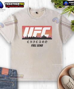 Alt Text: Official UFC Chicago skyline white-washed t-shirt featuring iconic cityscape design, perfect for MMA fans and collectors.