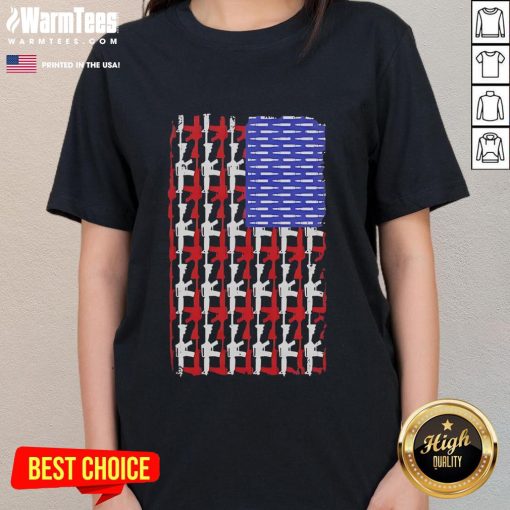 Alt Text: Official USA Guns and Bullets Flag Ladies Tee featuring a patriotic design perfect for gun enthusiasts.