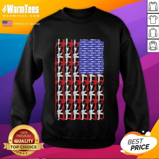 Alt Text: Official USA Guns and Bullets Flag Sweatshirt featuring a bold design of the American flag with firearms and bullets.