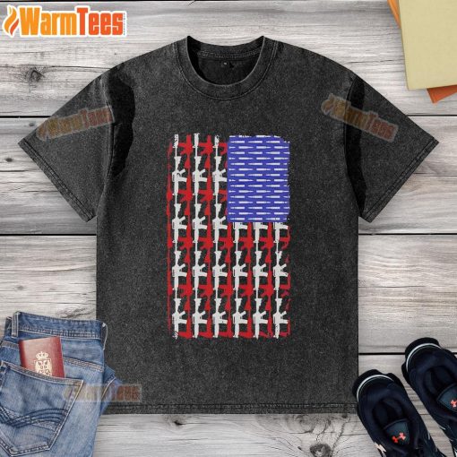 Official USA Guns and Bullets Flag Washed T-Shirt featuring a patriotic design with gun and bullet graphics.