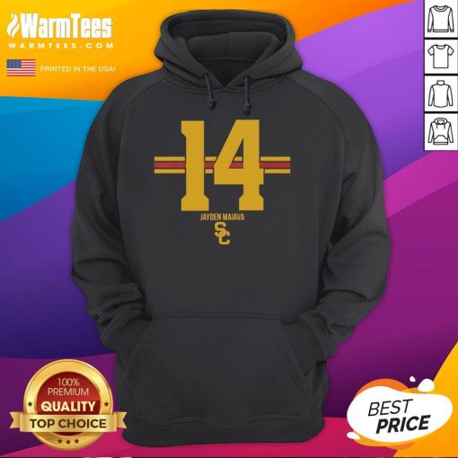 Alt Text: Official USC Trojans Football Jayden Maiava hoodie featuring name and number stripes in team colors.