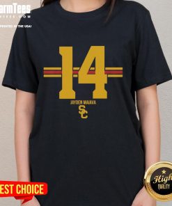 Official USC Trojans Football Jayden Maiava Ladies Tee with name and number stripe design, perfect for fans.