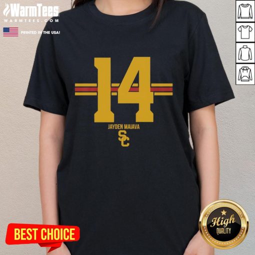 Official USC Trojans Football Jayden Maiava Ladies Tee with name and number stripe design, perfect for fans.