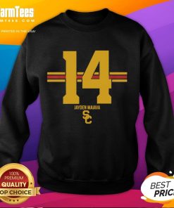 Alt Text: Official USC Trojans Football Jayden Maiava Name Number Stripe Sweatshirt showcasing team pride and style.