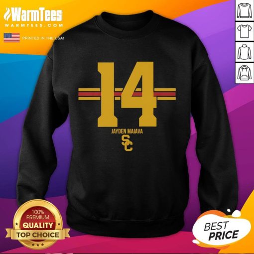 Alt Text: Official USC Trojans Football Jayden Maiava Name Number Stripe Sweatshirt showcasing team pride and style.