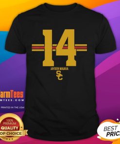 Official USC Trojans Football Jayden Maiava Name Number Stripe T-Shirt featuring team colors and logo.