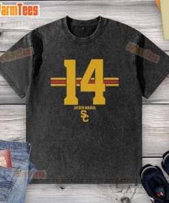 Alt Text: Official USC Trojans Football Jayden Maiava Name Number Stripe Washed T-Shirt for fans and supporters.