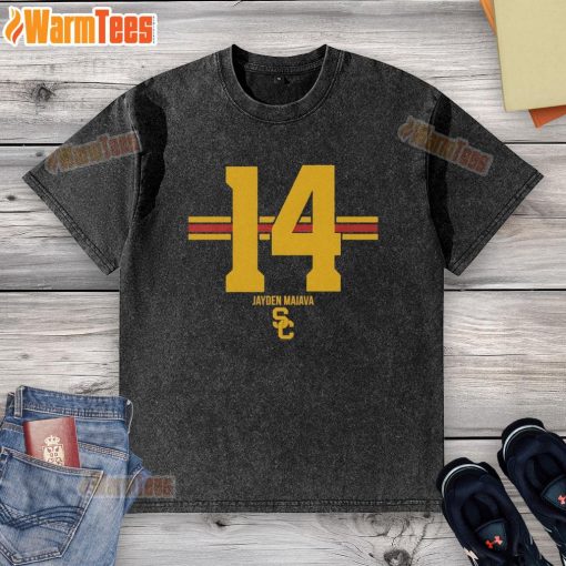 Alt Text: Official USC Trojans Football Jayden Maiava Name Number Stripe Washed T-Shirt for fans and supporters.