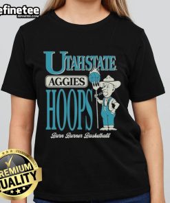 Official Utah State Aggies Barn Burner Farmer Hoops Ladies Tee featuring team colors and logo for fans and supporters.