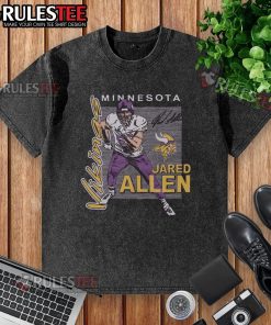 Alt Text: Official Vikings Jared Allen Signature Washed T-Shirt featuring a vintage design and team colors for loyal fans.