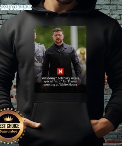 Volodymyr Zelensky in a special suit during Trump meeting at the White House, showcasing a unique hoodie style.