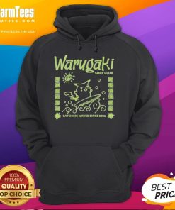 Official Warugaki Surf Club member in a Pikachu hoodie catching waves at the beach since 2021, showcasing surf culture.
