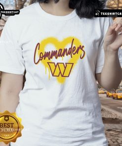 Official Washington Commanders Football Spray Heart Ladies Tee in red with heart design, perfect for fans and stylish wear.