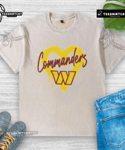 Alt Text: Official Washington Commanders Football Spray Heart Washed T-Shirt in vibrant colors, perfect for fans and game day style.