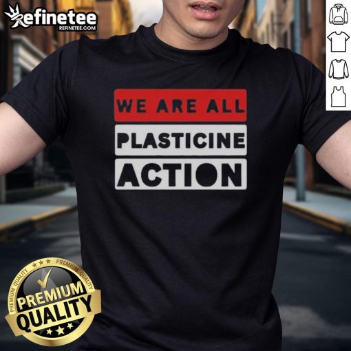 Official We Are All Plasticine Action T-Shirt featuring vibrant design and unique graphics for eco-conscious fashion lovers.