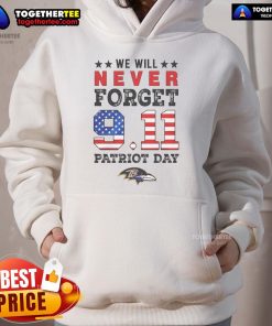 Official We Will Forget 9/11 Patriot Day Baltimore Ravens hoodie featuring team logo and commemorative design.