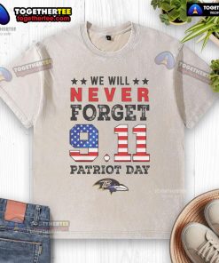 Official Baltimore Ravens 'We Will Forget 9/11' Patriot Day washed t-shirt featuring a distressed design for fans.