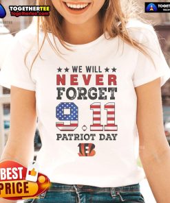 Alt Text: Cincinnati Bengals ladies tee commemorating 9/11 Patriot Day, featuring a bold design and team colors.
