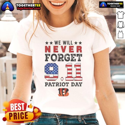 Alt Text: Cincinnati Bengals ladies tee commemorating 9/11 Patriot Day, featuring a bold design and team colors.
