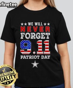 Official We Will Forget 9/11 Patriot Day Dallas Stars Ladies Tee featuring team logo and patriotic design.
