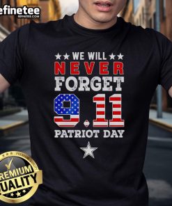 Alt Text: Official We Will Forget 9/11 Patriot Day Dallas Stars T-Shirt featuring patriotic design and team logo.