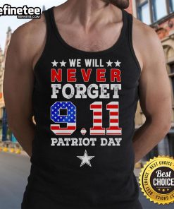 Official We Will Forget 9/11 Patriot Day Dallas Stars tank top featuring bold graphics and team colors.