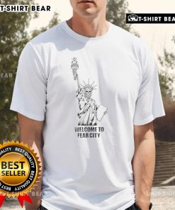 Alt Text: Official Welcome To Fear City t-shirt featuring a skeleton Statue of Liberty design, perfect for Halloween enthusiasts.
