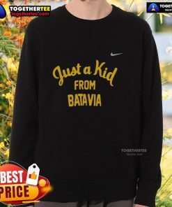 Alt Text: Official West Virginia Mountaineers sweatshirt featuring 'Just A Kid From Batavia' design in vibrant colors.