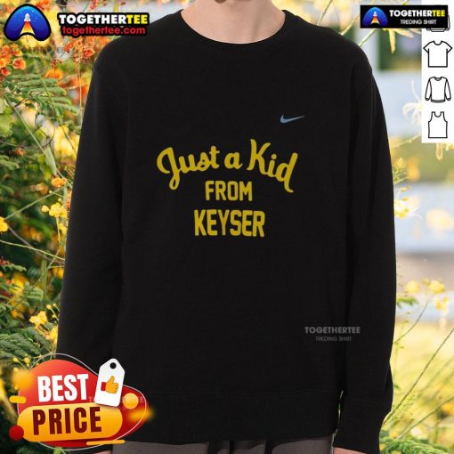 Official West Virginia Mountaineers 'Just A Kid From Keyser' sweatshirt featuring team colors and logo.