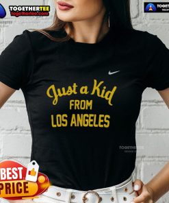 Alt Text: Official West Virginia Mountaineers Just A Kid From Los Angeles Ladies Tee showcasing team spirit and casual style.