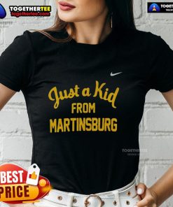 Official West Virginia Mountaineers Just A Kid From Martinsburg ladies tee featuring team colors and logo.