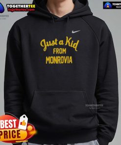 Official West Virginia Mountaineers hoodie featuring 'Just A Kid From Monrovia' design, perfect for fans and alumni.