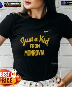 Official West Virginia Mountaineers 'Just A Kid From Monrovia' ladies tee featuring team colors and logo design.
