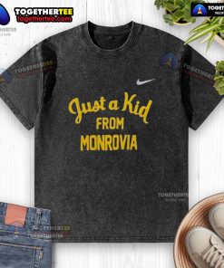 Alt Text: Official West Virginia Mountaineers Just A Kid From Monrovia washed t-shirt, perfect for fans and casual wear.