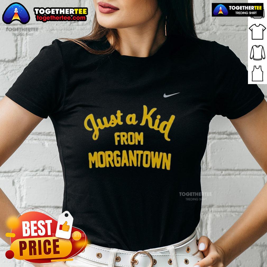 Official West Virginia Mountaineers Just A Kid From Morgantown Ladies Tee Official West Virginia Mountaineers 'Just A Kid From Morgantown' ladies tee showcasing team spirit and style.