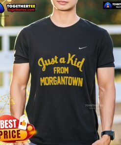 Official West Virginia Mountaineers 'Just A Kid From Morgantown' T-Shirt featuring team colors and logo.