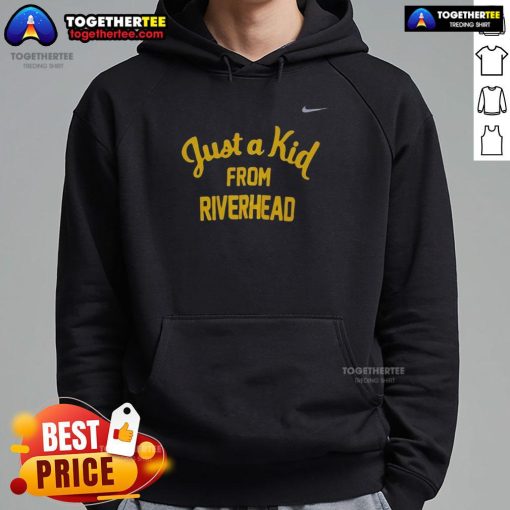 Official West Virginia Mountaineers hoodie, 'Just A Kid From Riverhead,' showcasing team spirit and style.