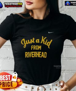 Alt Text: Official West Virginia Mountaineers Just A Kid From Riverhead Ladies Tee featuring vibrant colors and team logo.
