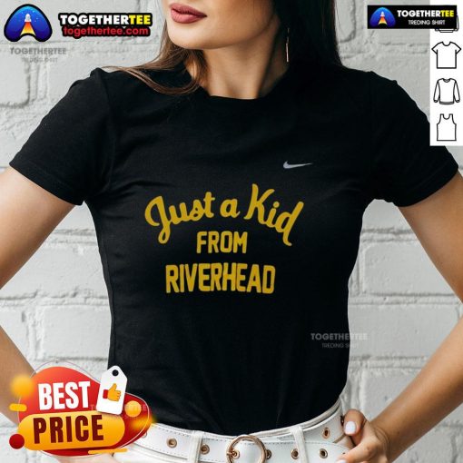 Alt Text: Official West Virginia Mountaineers Just A Kid From Riverhead Ladies Tee featuring vibrant colors and team logo.